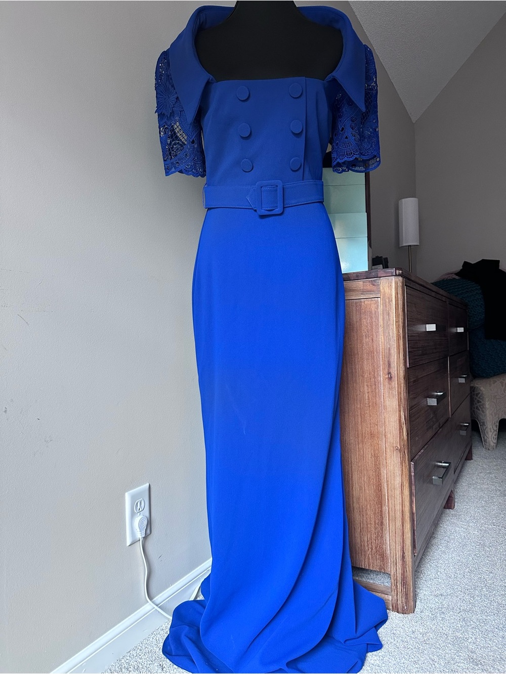 Badgley Mischka Cobalt Double Breasted Belted Evening Dress